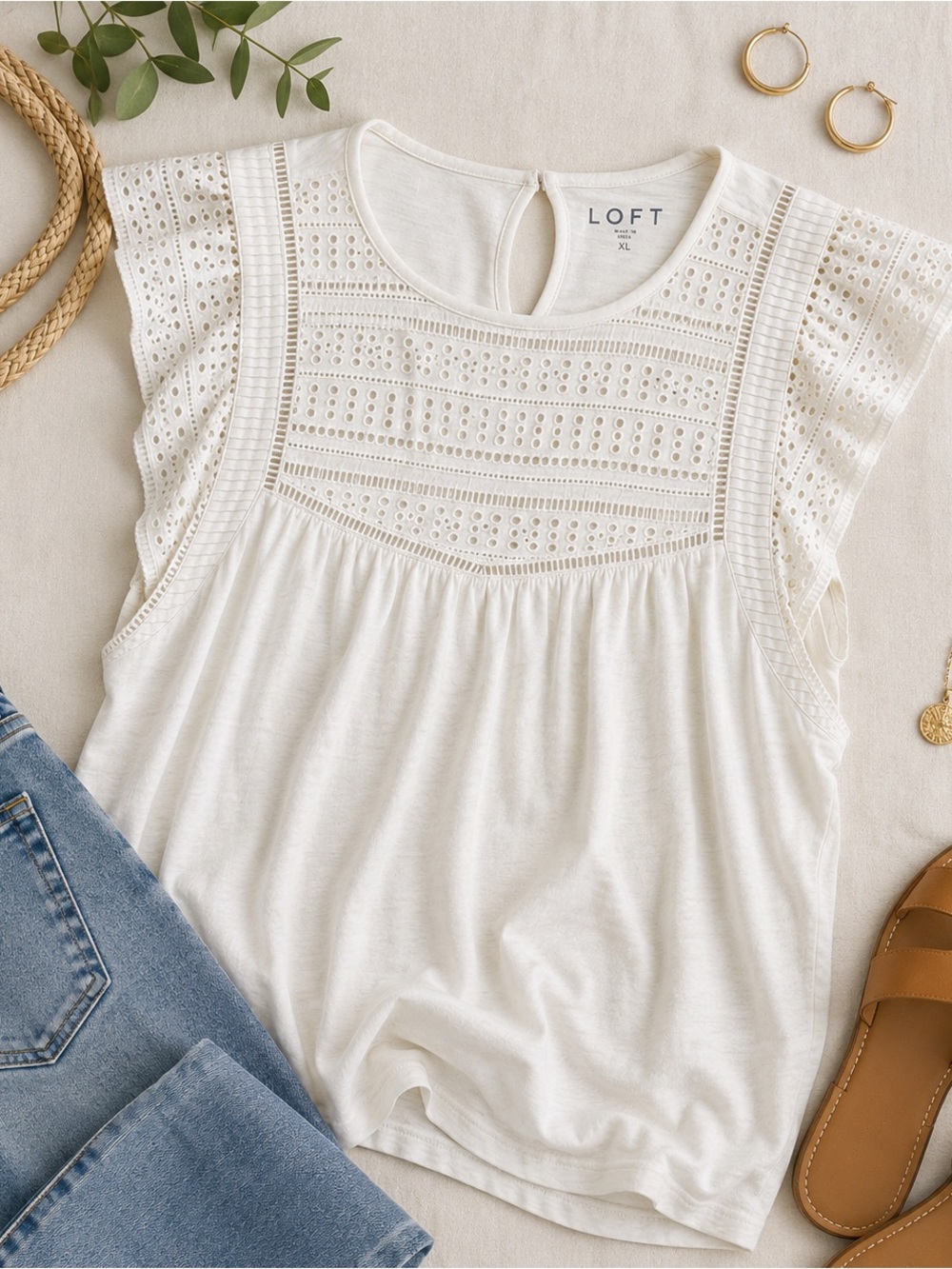 LOFT White Eyelet Flutter Sleeve Cotton Boho Blouse XL